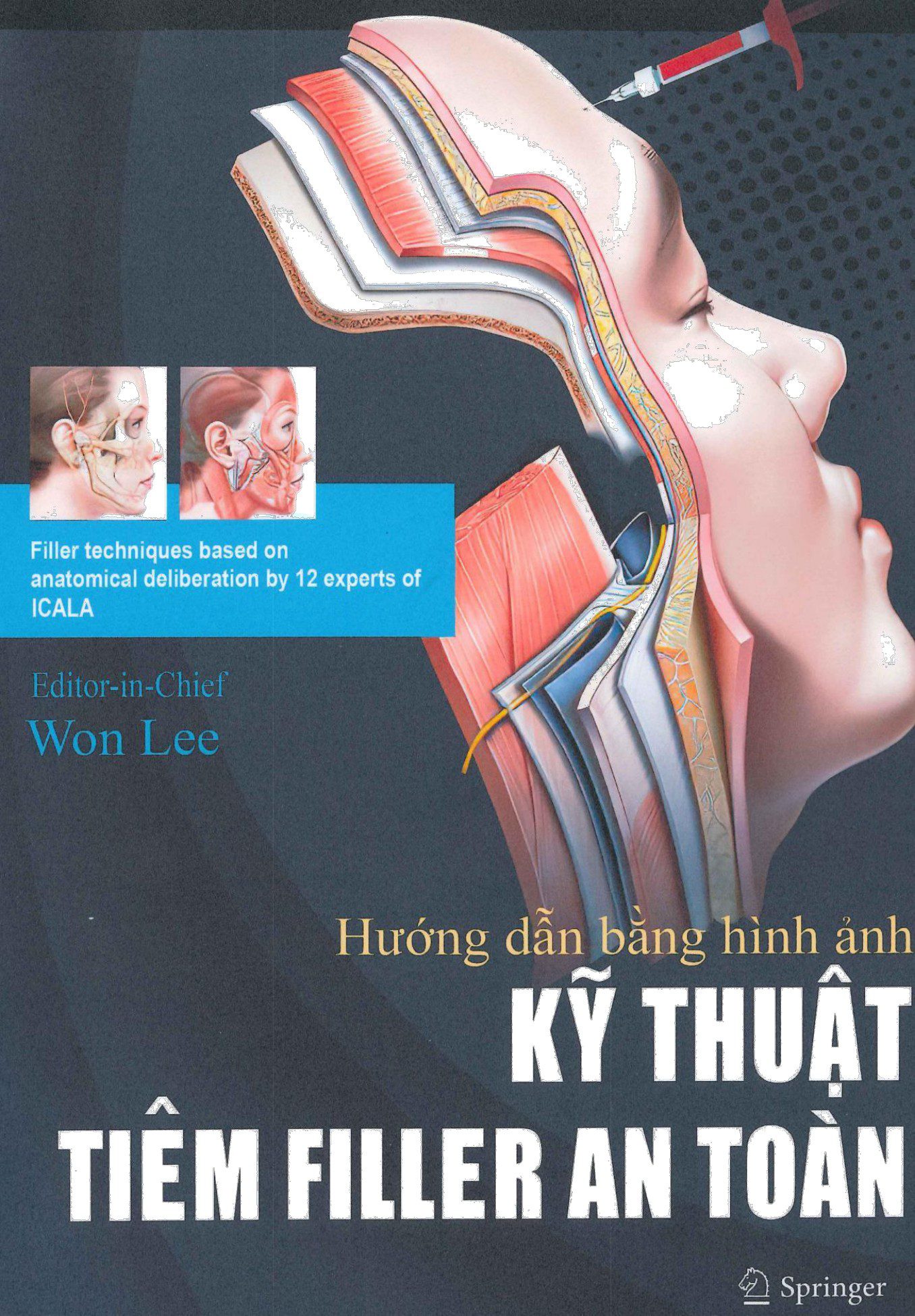 Ảnh bìa sách Hướng dẫn bằng hình ảnh Kỹ thuật Tiêm Filler An toàn của tác giả Won Lee, minh họa giải phẫu mạch máu và kỹ thuật tiêm filler.